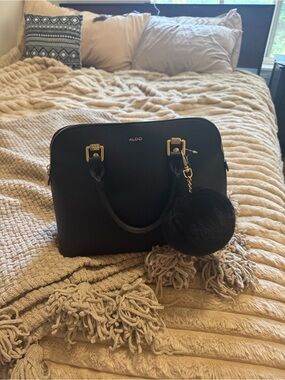 ALDO Black Dome Satchel with Gold-Tone Hardware and Pom Charm
